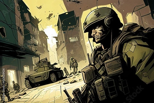 Fototapeta Soldier At War Modern Futuristic Era With Dramatic Explosions and Wartime Background Scene Showing the Horrors of Battle Clouds Bombs Shells in a Cartoon Stylised Illustration