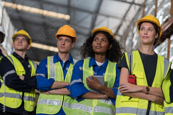 Fototapeta Group of warehouse workers standing with crossed arms in storage warehouse. Complete finish job. Successful of work concept