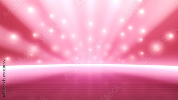 Fototapeta Empty pink stage or podium for product presentation, gold yellow background with shiny glow beams lights. Banner with copy space. Generative AI