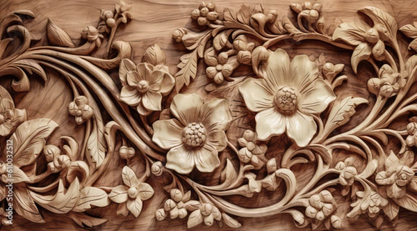 Fototapeta Natural wood plank carving, floral design with carved branches, leaves, and flowers. Abstract illustration created with Generative AI technology.