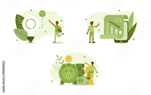 Fototapeta sustainability illustration set. characters using clean energy to electricity, that keeps co2 down and saves you more money. clean energy and saving money concept. vector illustration.