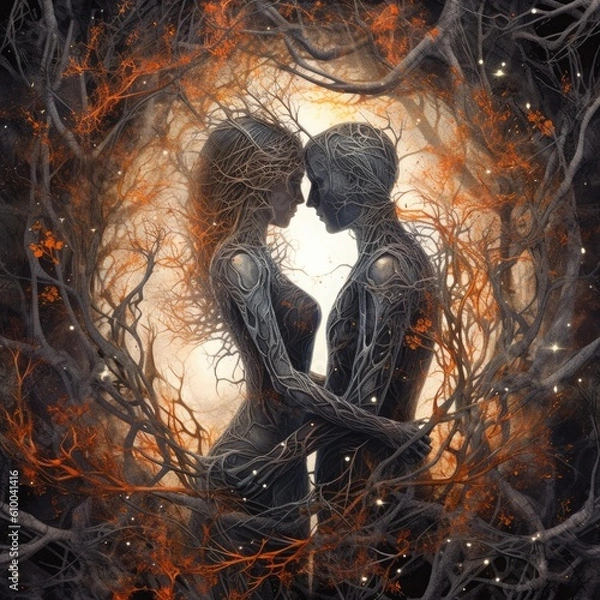 Fototapeta a woman's body covered in branches with a couple in love Generative Ai