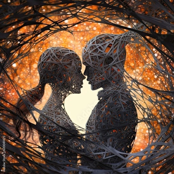 Fototapeta a woman's body covered in branches with a couple in love Generative Ai
