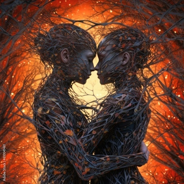 Fototapeta a woman's body covered in branches with a couple in love Generative Ai