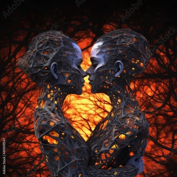 Fototapeta a woman's body covered in branches with a couple in love Generative Ai