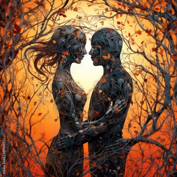 Fototapeta a modern illustration of two people kissing in front of the world Generative Ai
