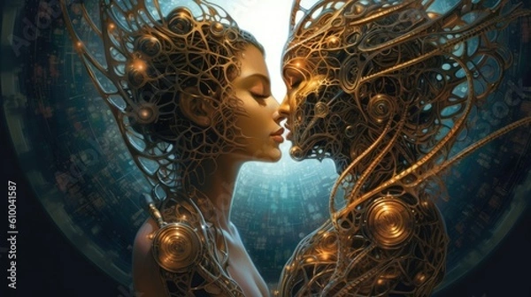 Fototapeta a modern illustration of two people kissing in front of the world Generative Ai