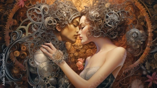Fototapeta a modern illustration of two people kissing in front of the world Generative Ai