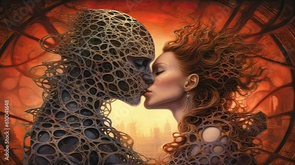 Fototapeta a modern illustration of two people kissing in front of the world Generative Ai
