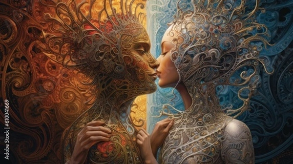 Fototapeta a modern illustration of two people kissing in front of the world Generative Ai