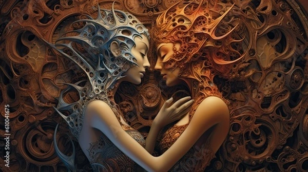 Fototapeta a modern illustration of two people kissing in front of the world Generative Ai