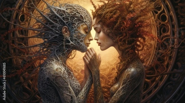Fototapeta a modern illustration of two people kissing in front of the world Generative Ai