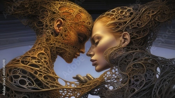 Fototapeta a modern illustration of two people kissing in front of the world Generative Ai