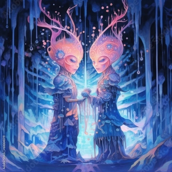 Fototapeta Watercolor two women in the presence of fire and stars Generative Ai