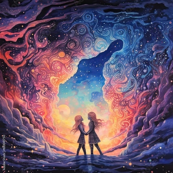 Fototapeta Watercolor two women in the presence of fire and stars Generative Ai