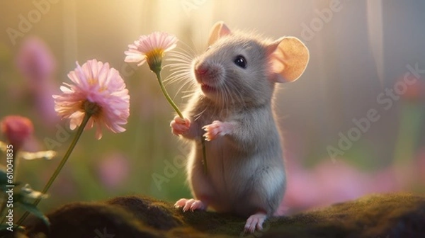 Fototapeta a little mouse is smelling a flower Generative Ai