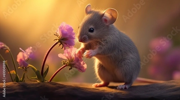 Fototapeta a little mouse is smelling a flower Generative Ai