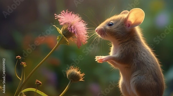Fototapeta a little mouse is smelling a flower Generative Ai