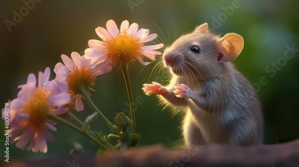 Fototapeta a little mouse is smelling a flower Generative Ai