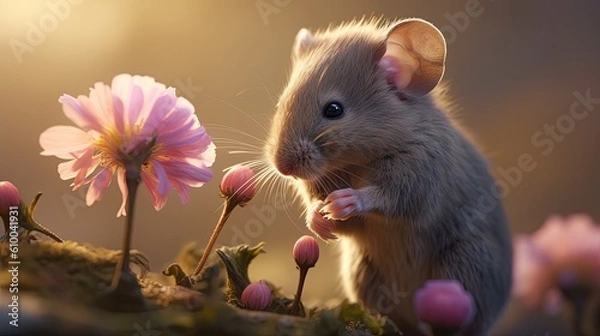 Fototapeta a little mouse is smelling a flower Generative Ai