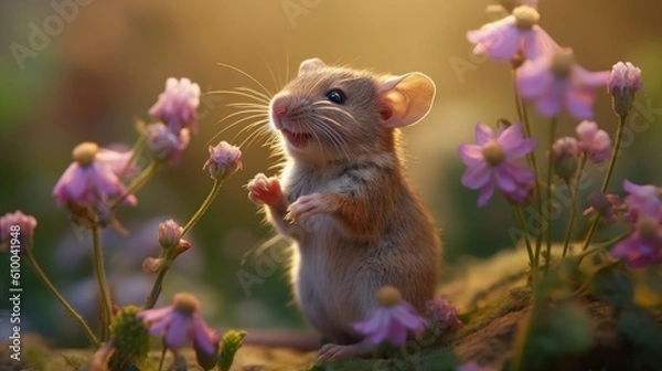 Fototapeta a little mouse is smelling a flower Generative Ai