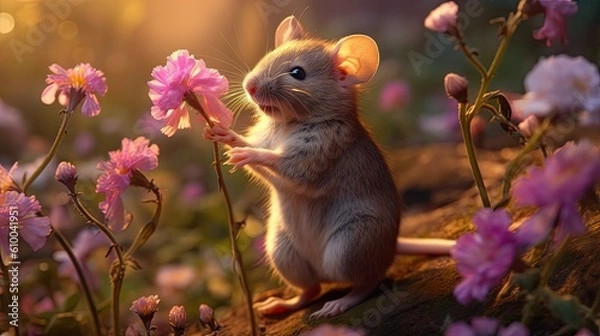Fototapeta a little mouse is smelling a flower Generative Ai
