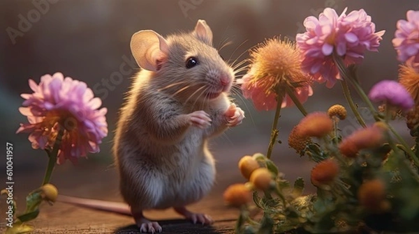 Fototapeta a little mouse is smelling a flower Generative Ai