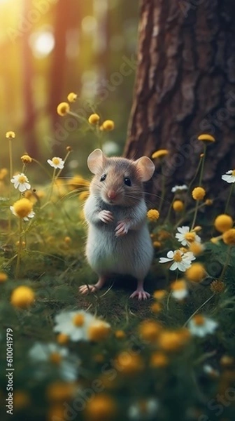 Fototapeta tiny little mouse eating flowers in the woods Generative Ai