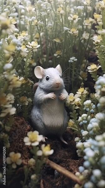 Fototapeta tiny little mouse eating flowers in the woods Generative Ai
