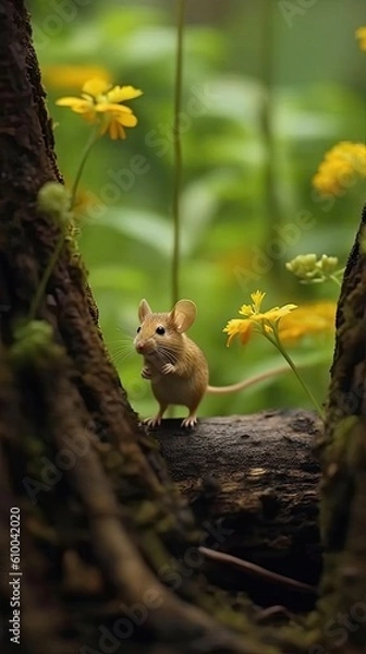 Fototapeta tiny little mouse eating flowers in the woods Generative Ai
