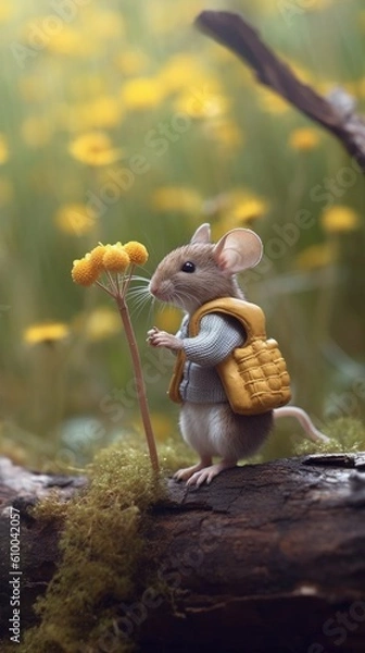 Fototapeta tiny little mouse eating flowers in the woods Generative Ai