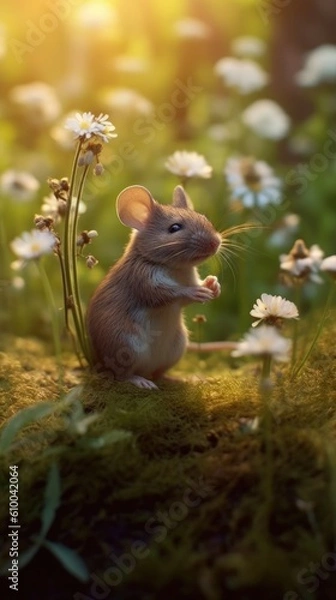 Fototapeta tiny little mouse eating flowers in the woods Generative Ai