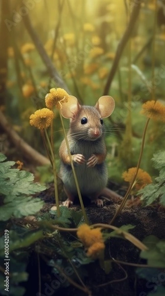 Fototapeta tiny little mouse eating flowers in the woods Generative Ai