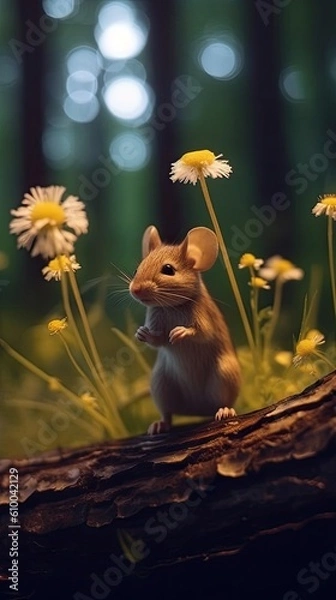 Fototapeta tiny little mouse eating flowers in the woods Generative Ai