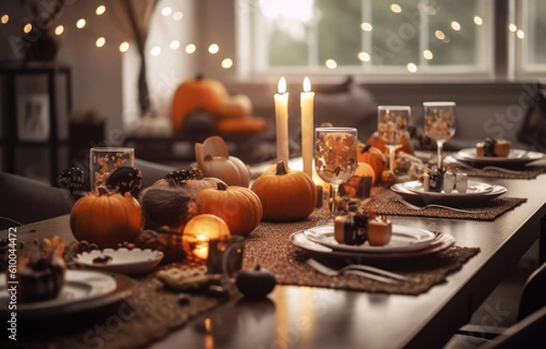 Fototapeta Seasonal table setting with pumpkins and flowers