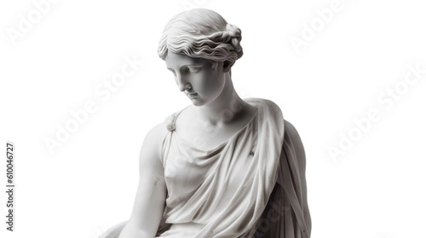 Fototapeta A statue of a woman looking down in a sad way as a marble statue on a transparent background, Generative AI 