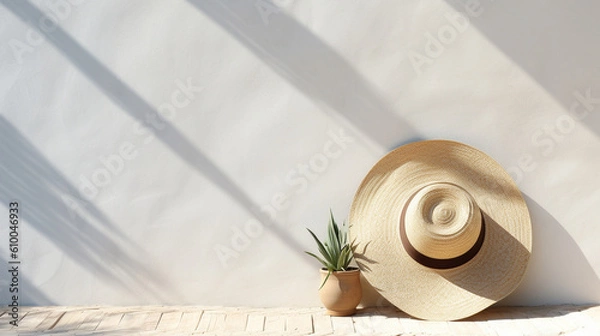 Fototapeta Летняя соломенная шляпа на фоне стены песочного цвета, лето, минимализм