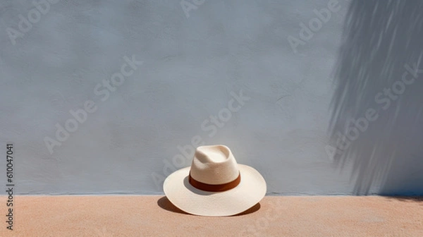 Fototapeta Летняя соломенная шляпа на фоне серой стены, лето, минимализм 