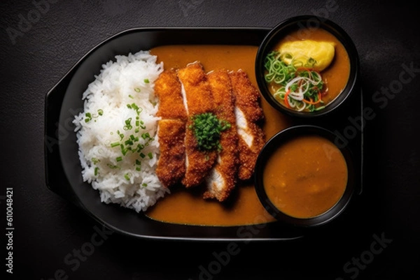 Fototapeta Katsu curry and rice created with Generative AI technology