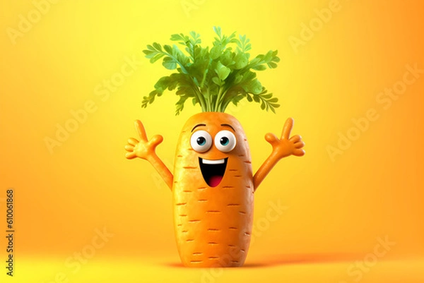 Fototapeta Cheerful cartoon carrot character with a cute smile on yellow background, healthy food concept. Generative AI.