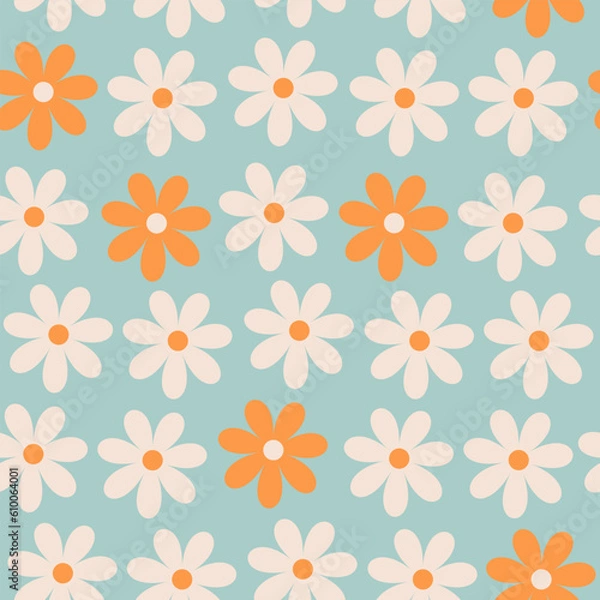 Fototapeta Floral pattern in the style of the 70s with groovy daisy flowers. Retro floral naive vector design. Style of the 60s, 70s, 80s