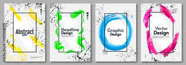 Fototapeta Set of vector illustrations. Poster with paint brushes and scratches on white backdrop. Design for poster, cover, album, banner, flyer.