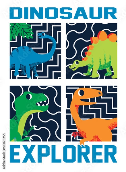 Fototapeta Cartoon dino print t shirt. Vector illustration.