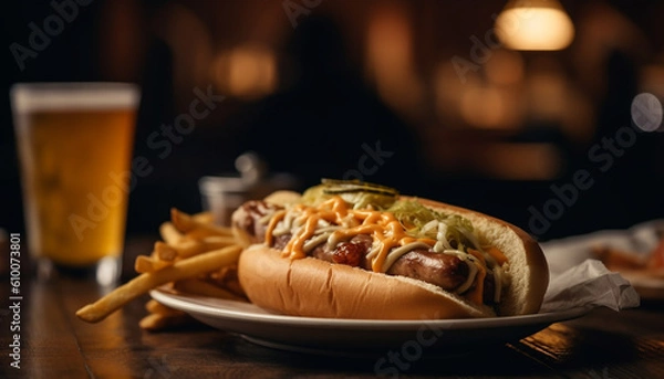 Fototapeta Grilled beef sandwich with fries and hot dog appetizer generated by AI