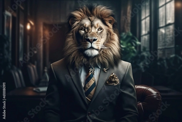 Fototapeta Portrait of a Lion dressed in a formal business suit, generative AI