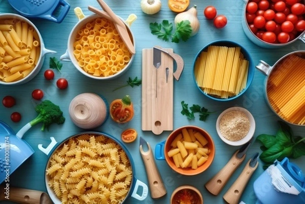 Fototapeta stock photo of Macaroni in the kitchen and stuff tools Food Photography AI Generated