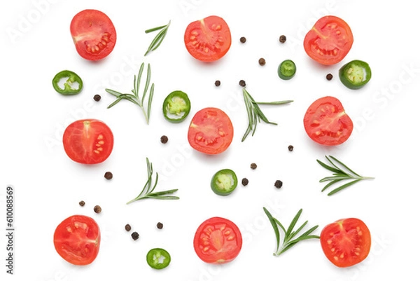 Obraz Composition with ripe cherry tomatoes and spices on white background
