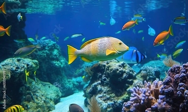 Fototapeta  a large group of fish swimming around a coral in a large aquarium with blue water and corals on the bottom and bottom of the water.  generative ai