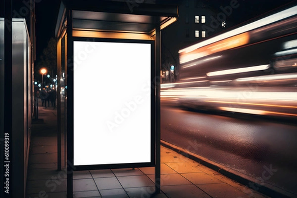 Obraz Modern Advertisement billboard in street, Vertical blank digital billboard mockup at bus stop in city street, Outdoor billboard mockup for advertisement placement