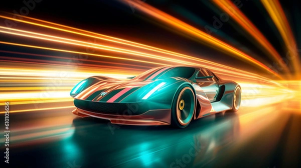 Fototapeta automotive car going fast through a night light. Generative AI.